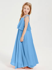 Chiffon Junior Bridesmaid Dresses Long Cascading Skirt Blue