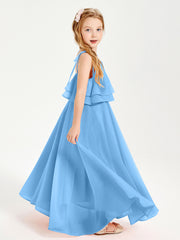 Chiffon Junior Bridesmaid Dresses Long Cascading Skirt Blue