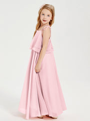 Chiffon Junior Bridesmaid Dresses Long Cascading Skirt Blushing Pink
