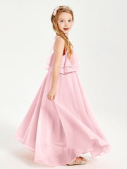 Chiffon Junior Bridesmaid Dresses Long Cascading Skirt Blushing Pink