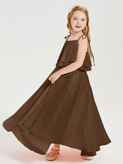 Chiffon Junior Bridesmaid Dresses Long Cascading Skirt Brown