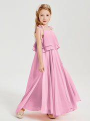 Chiffon Junior Bridesmaid Dresses Long Cascading Skirt Candy Pink