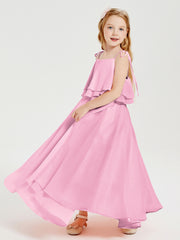Chiffon Junior Bridesmaid Dresses Long Cascading Skirt Candy Pink