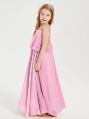 Chiffon Junior Bridesmaid Dresses Long Cascading Skirt Candy Pink