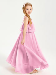 Chiffon Junior Bridesmaid Dresses Long Cascading Skirt Candy Pink