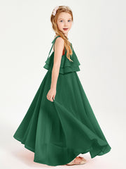 Chiffon Junior Bridesmaid Dresses Long Cascading Skirt Dark Green