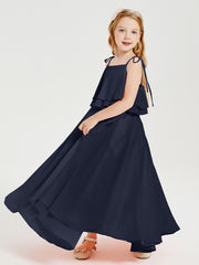 Chiffon Junior Bridesmaid Dresses Long Cascading Skirt Dark Navy