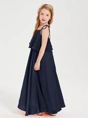 Chiffon Junior Bridesmaid Dresses Long Cascading Skirt Dark Navy