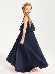 Chiffon Junior Bridesmaid Dresses Long Cascading Skirt Dark Navy