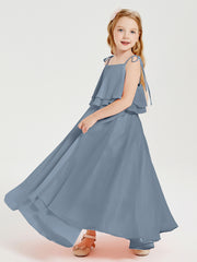 Chiffon Junior Bridesmaid Dresses Long Cascading Skirt Dusty Blue
