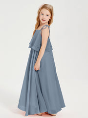 Chiffon Junior Bridesmaid Dresses Long Cascading Skirt Dusty Blue
