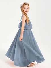 Chiffon Junior Bridesmaid Dresses Long Cascading Skirt Dusty Blue