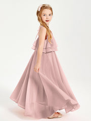 Chiffon Junior Bridesmaid Dresses Long Cascading Skirt Dusty Rose