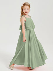 Chiffon Junior Bridesmaid Dresses Long Cascading Skirt Dusty Sage