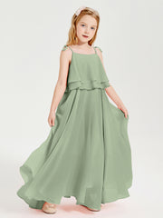 Chiffon Junior Bridesmaid Dresses Long Cascading Skirt Dusty Sage