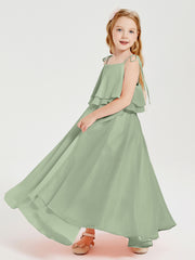 Chiffon Junior Bridesmaid Dresses Long Cascading Skirt Dusty Sage