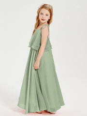 Chiffon Junior Bridesmaid Dresses Long Cascading Skirt Dusty Sage