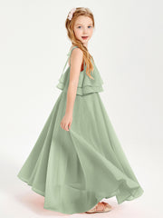 Chiffon Junior Bridesmaid Dresses Long Cascading Skirt Dusty Sage