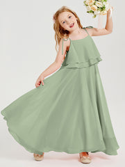 Chiffon Junior Bridesmaid Dresses Long Cascading Skirt Dusty Sage
