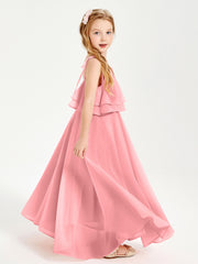 Chiffon Junior Bridesmaid Dresses Long Cascading Skirt Flamingo