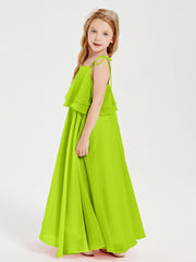 Chiffon Junior Bridesmaid Dresses Long Cascading Skirt Lime Green