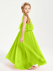 Chiffon Junior Bridesmaid Dresses Long Cascading Skirt Lime Green
