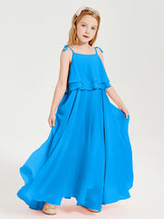 Chiffon Junior Bridesmaid Dresses Long Cascading Skirt Ocean Blue