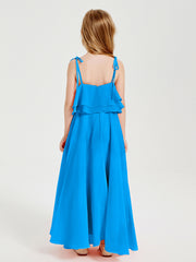 Chiffon Junior Bridesmaid Dresses Long Cascading Skirt Ocean Blue