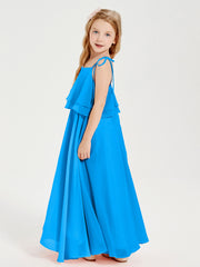 Chiffon Junior Bridesmaid Dresses Long Cascading Skirt Ocean Blue