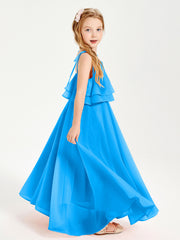 Chiffon Junior Bridesmaid Dresses Long Cascading Skirt Ocean Blue