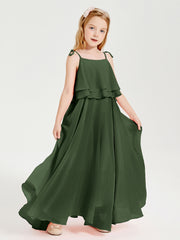 Chiffon Junior Bridesmaid Dresses Long Cascading Skirt Olive Green