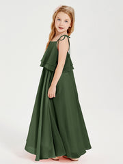 Chiffon Junior Bridesmaid Dresses Long Cascading Skirt Olive Green