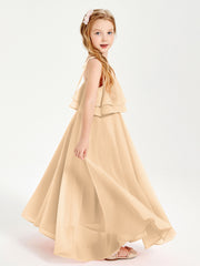Chiffon Junior Bridesmaid Dresses Long Cascading Skirt Peach