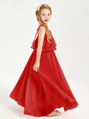 Chiffon Junior Bridesmaid Dresses Long Cascading Skirt Red