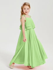 Chiffon Junior Bridesmaid Dresses Long Cascading Skirt Sage