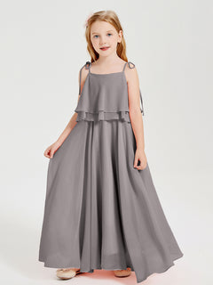 Chiffon Junior Bridesmaid Dresses Long Cascading Skirt Silver