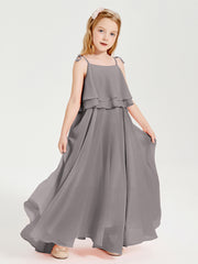 Chiffon Junior Bridesmaid Dresses Long Cascading Skirt Silver