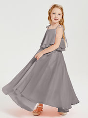Chiffon Junior Bridesmaid Dresses Long Cascading Skirt Silver