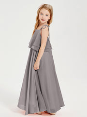 Chiffon Junior Bridesmaid Dresses Long Cascading Skirt Silver