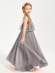 Chiffon Junior Bridesmaid Dresses Long Cascading Skirt Silver
