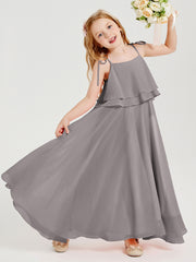 Chiffon Junior Bridesmaid Dresses Long Cascading Skirt Silver