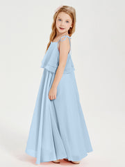 Chiffon Junior Bridesmaid Dresses Long Cascading Skirt Sky Blue