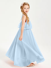 Chiffon Junior Bridesmaid Dresses Long Cascading Skirt Sky Blue