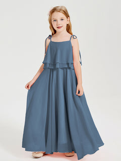 Chiffon Junior Bridesmaid Dresses Long Cascading Skirt Slate Blue