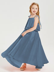 Chiffon Junior Bridesmaid Dresses Long Cascading Skirt Slate Blue
