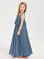 Chiffon Junior Bridesmaid Dresses Long Cascading Skirt Slate Blue