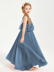 Chiffon Junior Bridesmaid Dresses Long Cascading Skirt Slate Blue
