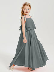Chiffon Junior Bridesmaid Dresses Long Cascading Skirt Steel Grey
