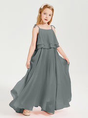 Chiffon Junior Bridesmaid Dresses Long Cascading Skirt Steel Grey