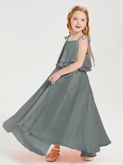 Chiffon Junior Bridesmaid Dresses Long Cascading Skirt Steel Grey